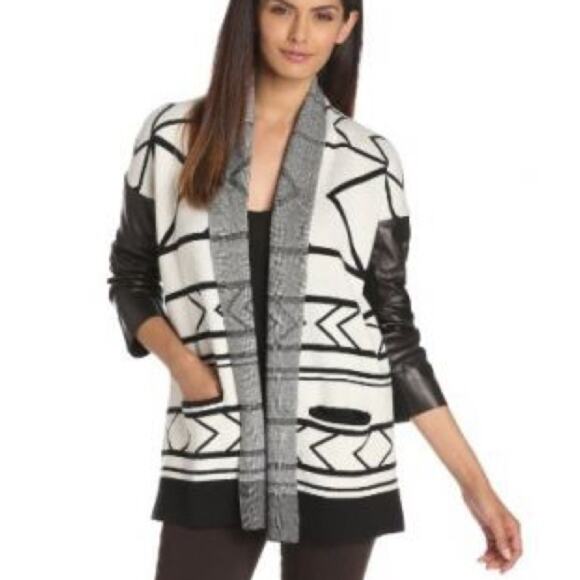 Cynthia Vincent womens cashmere cardigan M leather Ramble On Log Cabin - Picture 1 of 10